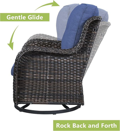 Outdoor Wicker Patio Furniture Set - 5 Piece Rattan Patio Conversation Set with 2 Rocking Swivel Chairs,2 Ottomans and 1 Sofa for Porch Deck Backyard Garden(Brown/Blue)