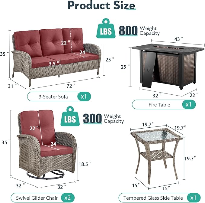 5 Piece Patio Furniture Set with Fire Pit Table - Wicker Patio Conversation Set with Swivel Glider, 3-Seat Sofa, Tempered Glass Side Table for Deck Backyard - Grey Wicker Red Cushion