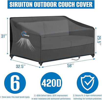 SIRUITON 2-Seat Garden Patio Sofa/Loveseat/Bench Cover 58" W x 32.5" D x 31" H,Heavy Duty 420D Oxford Waterproof Outdoor Sofa Cover, Lawn Patio Furniture Covers