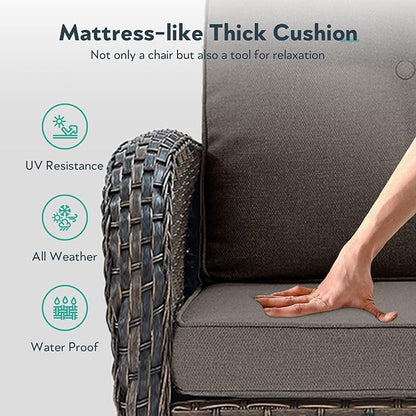 Outdoor Swivel Glider Rocker Chairs Set- 6 Piece Patio Furniture Set with A Glider Loveseat, Tempered Glass Side Table and 2 Ottoman, for Balcony, Porch - Brown Wicker, Grey Cushion