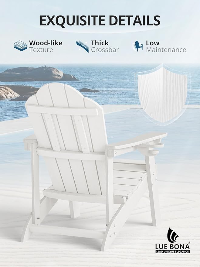 LUE BONA HDPE Adirondack Chairs Set of 4,Plastic Adirondack Chairs with Cup Holder Weather Resistant for Outdoor, Patio, Lawn, Garden, Backyard Deck, Fire Pit, White