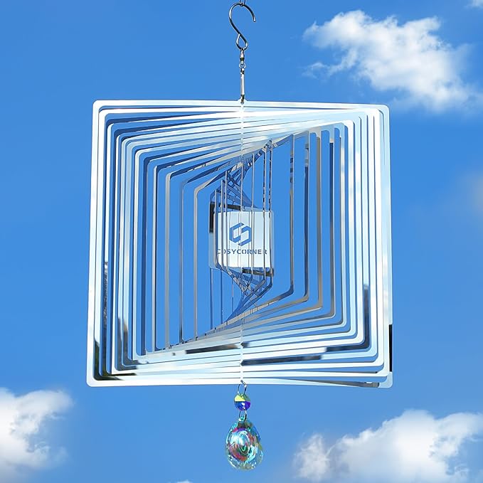 Wind Spinners Outdoor – Colorful Garden Wind Spinners & Yard Decorations, Outside Wind Chimes for Garden Decor, Birthday Gifts for Women (Square-Silver, 11.9 inch)