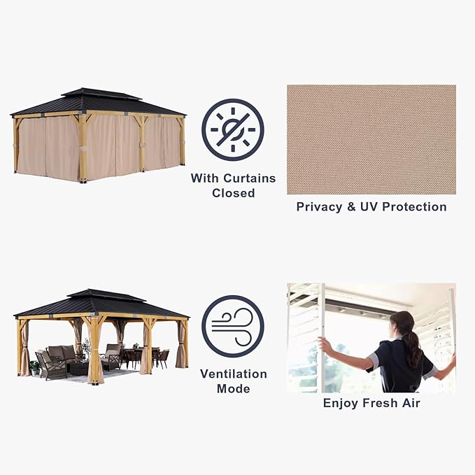CHARMELEON 12'x20' Cedar Wood Gazebo,Wooden Hardtop Gazebos with Dual Metal Roof - Permanent Outdoor Gazebo - Large All Weather Patio Pavilion for Backyard, Deck & Garden - with Curtains & Netting