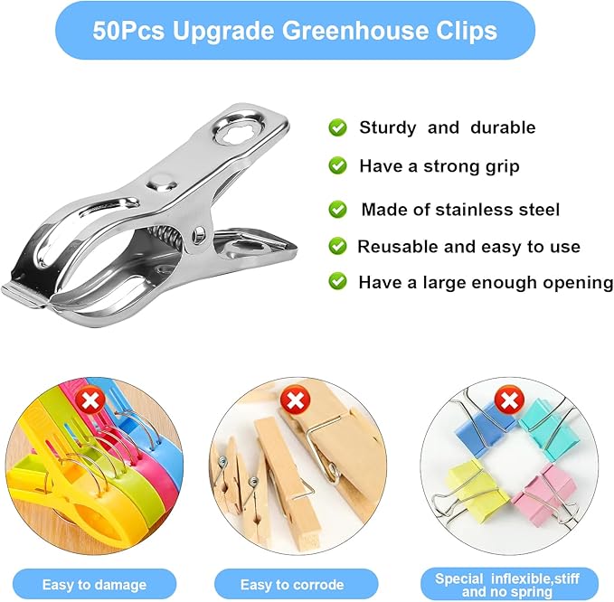 50 Pcs Garden Clips, 2.3 inch Greenhouse Clamps, Stainless Steel Greenhouse Clip for Netting, Heavy Duty Row Cover Clips with a Strong Grip for Shade Cloth or Plant Cover on Gardening Hoops karmiero