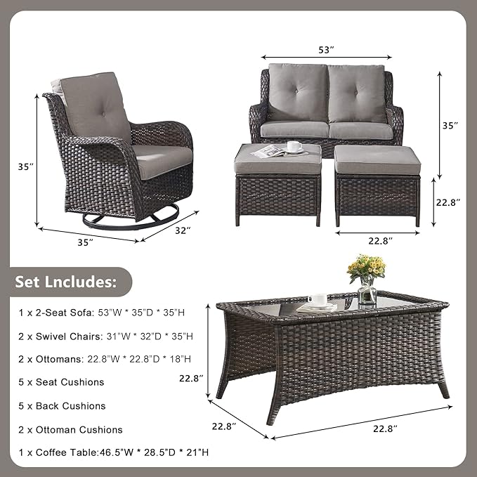Rilyson 6 Piece Outdoor Patio Furniture Set - Rattan Wicker Patio Conversation Sets with 2 Swivel Rocker Chairs,2 Ottomans,1 Loveseat and 1 Coffee Table for Outside Porch Deck Backyard(Brown/Grey)