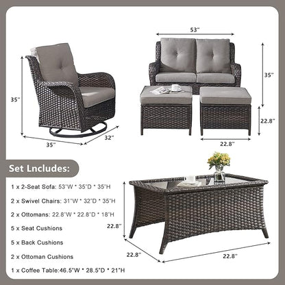 Rilyson 6 Piece Outdoor Patio Furniture Set - Rattan Wicker Patio Conversation Sets with 2 Swivel Rocker Chairs,2 Ottomans,1 Loveseat and 1 Coffee Table for Outside Porch Deck Backyard(Brown/Grey)