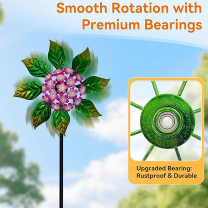 Solar Glow Garden Wind Spinner Outdoor, 13" W Flower Metal Wind Spinner & Sculptures with Fluorescent Coating, Kinetic Windmill for Yard Lawn Patio Decor, Pink