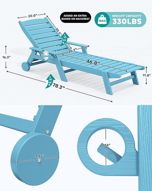SERWALL Patio Chaise Lounge Chair Set of 2, 78'' Long 5-Positions Adjustable HDPE Outdoor Lounge Chair for Pool, Poly Lounge Chair with Rolling Wheels & Cup Holder for Poolside, Deck, Light Blue