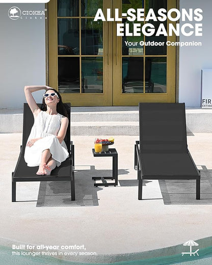 Patio Chaise Lounge Chair Set of 2, Outdoor Lounge Chairs with Wheels, 5-Position Adjustable Sun Loungers for Pool, Deck, Beach, Black