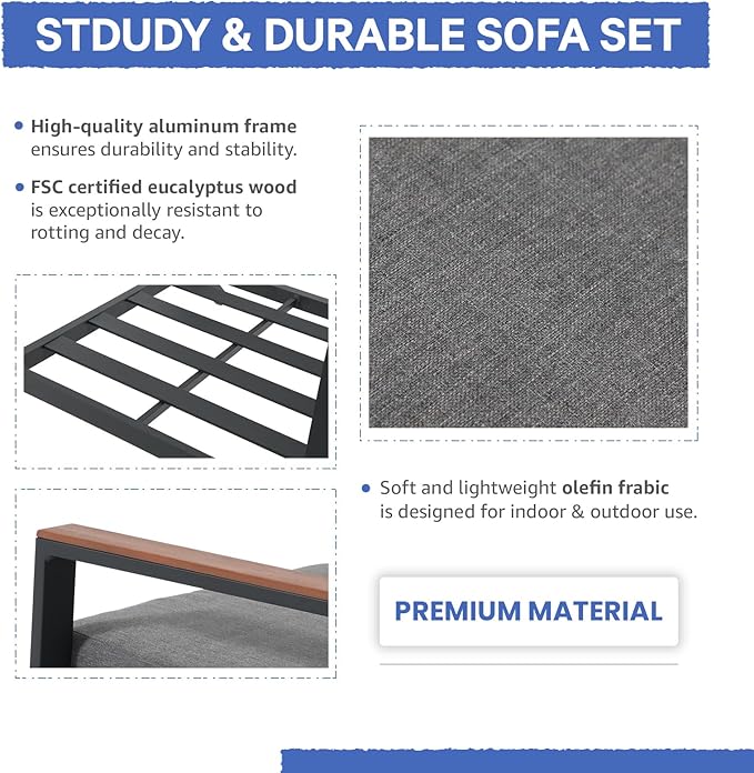 Soleil Jardin Aluminum Patio Furniture Loveseat, Outdoor 2 Seats Sofa Couch with FSC Certified Solid Wood Top, Outdoor Conversation Set Deep Seating Loveseat w/Removable Cushion, Dark Grey