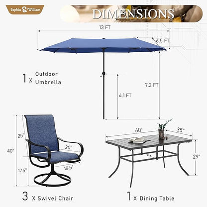 Sophia & William Patio Set with Umbrella 8 Pieces Outdoor Dining Set for 6 with 13ft Large Patio Umbrella Navy, 6 x Blue Swivel Patio Chairs with 59" Dining Table for Lawn Garden