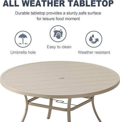 VICLLAX 53" Outdoor Round Patio Dining Table for 8, All Weather Metal Dining Table with Umbrella Hole for Deck Lawn Garden Backyard, Sandshell