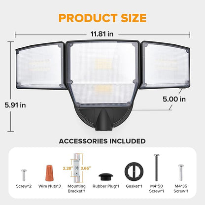 LUTEC 80W Dusk to Dawn Flood Lights Outdoor, 9000LM Super Bright LED Security Light with Photocell, IP65 Waterproof, 5000K Daylight, Hardwired 4 Heads Floodlight for Garage, Yard -2 Pack (Black)