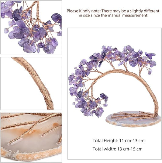 TUMBEELLUWA Reiki Crystal Money Tree with Agate Slice Base Feng Shui Stone Bonsai Tree Figure Decor for Happiness Good Luck and Wealth, Amethyst Stones