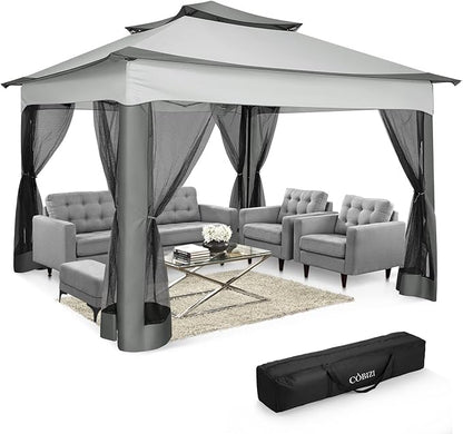 COBIZI 11x11 Pop Up Gazebo One-Push Canopy Tent, Carpas Para Patio, Outdoor Canopy Shelter with Double Roof Ventiation 121 Square Feet of Shade for Lawn, Garden, Backyard and Deck, Gray (Upgraded 2.0)