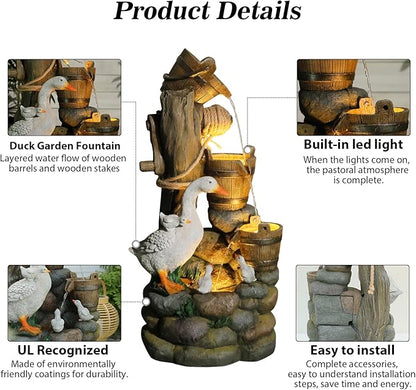4-Tiers Cascading Outdoor Water Fountain, 31.9'' Tall Duck & Wooden Bucket Stump Waterfall Garden Fountains with LED Lights & Pump Water Feature Resin for Patio, Deck, Yard, Home Decor