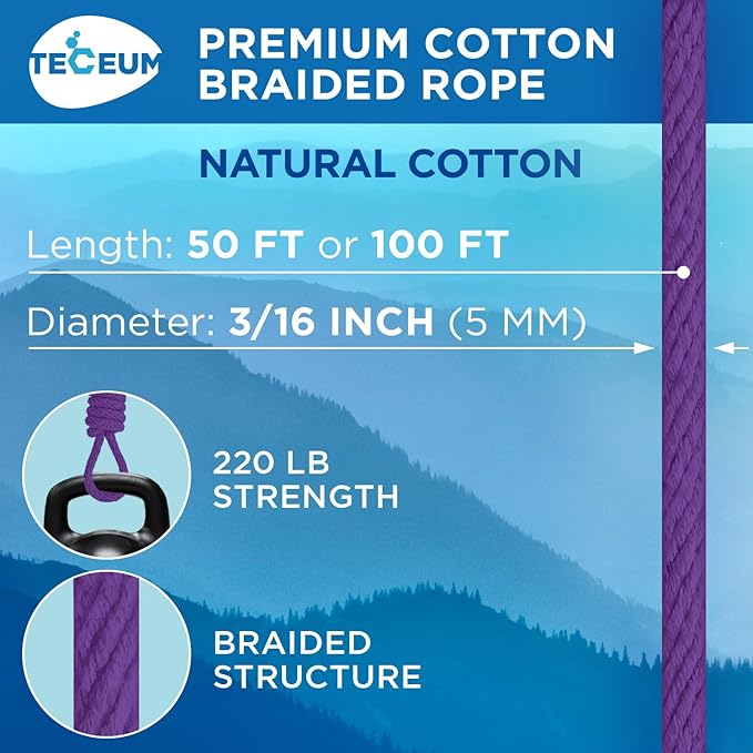 TECEUM Cotton Rope 3/16” (5 mm) – 50 FT – Strong All-Purpose Braided Rope – Natural Cotton – for Crafting, Сamping, Clothes Line, DIY, Indoor & Outdoor Use – Purple