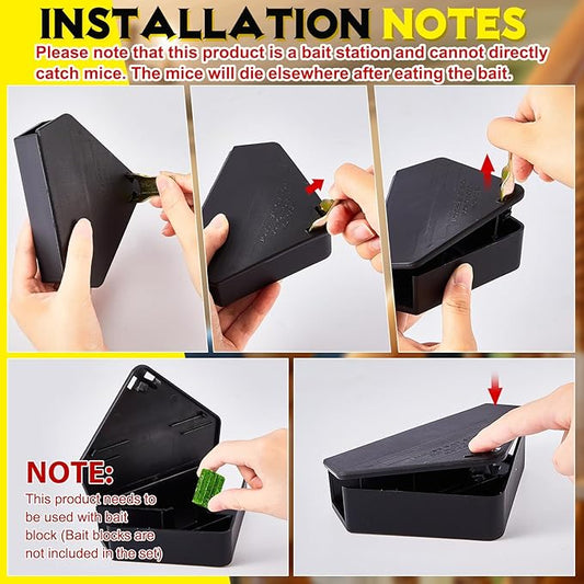Qualirey 24 Pcs Mice Station with Key Triangle Bait Station Reusable Rodent Trap Bait Box, Keeps Children and Pets Safe Indoor & Outdoor, Bait Not Included, Suitable for Small Mice (Black)