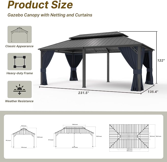 Gotland 2024 New 12' x 20' Hardtop Gazebo, Outdoor Iron Metal Double Roof Pergola with Curtains and Netting for Patio, Garden, Lawn, Navy