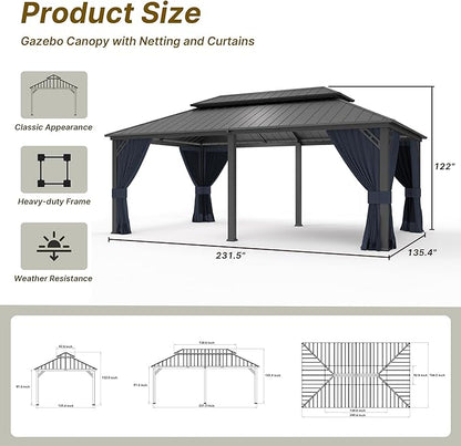 Gotland 2024 New 12' x 20' Hardtop Gazebo, Outdoor Iron Metal Double Roof Pergola with Curtains and Netting for Patio, Garden, Lawn, Navy