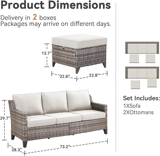 3-Piece Outdoor Bistro Set - Wicker Sofa With High Back, Ottomans, and Comfy Cushions - Rattan Conversation Set for Patio