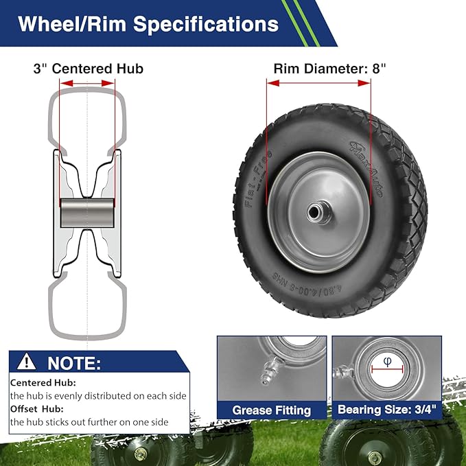 MaxAuto Wheelbarrow Tires 4.80 4.00-8 Flat-Free 4.80/4.00-8 Tire and Wheel w/Grease Fitting, 3" Centered Hub, 3/4" Bearings, 4.80 4.00-8 Tire for Hand Truck, Trolley, Garden Cart, Wagons, Gray