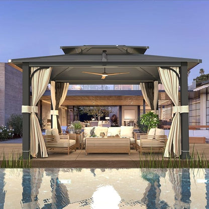 YOLENY 12’x 14’ Gazebo with Galvanized Steel Roof, Double Roof Design with Anti-Rust Coating, Outdoor Gazebos with Curtains and Netting, Sunshade for Gardens, Lawns, Deck