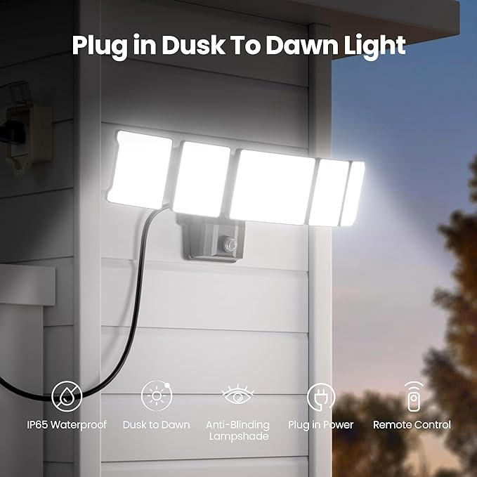 Olafus 120W Plug in Flood Lights Dusk to Dawn LED Outdoor Light with Remote, 5 Adjustable Heads IP65 Waterproof LED Security Light with Photocell for Yard Garden Porch Black