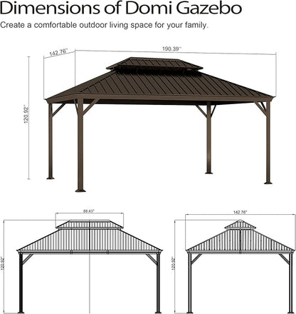 Domi 12x16FT Outdoor Gazebo, Hardtop Gazebo with Galvanized Steel Double Roof, Metal Gazebos with Drainage System Patio Pergola for Patio Deck Backyard,Curtain and Netting,Brown