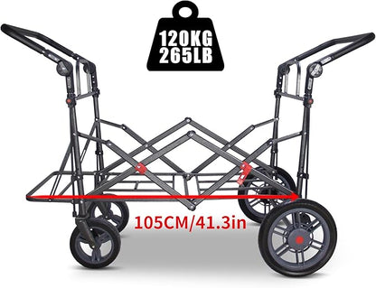 Foldable Wagon with Canopy - Collapsible Utility Cart with 2 Seats & Belts, Adjustable Handle, Expandable Front for Camping, Picnic, Shopping (Turquoise/Grey)