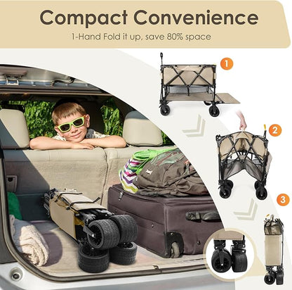 HOPERAN 400L XL Wagons Carts Foldable, 54" Extra Length Double Decker Collapsible Wagon Cart with Tailgate, 8" Big All-Terrain Wheels, 550lbs Load Utility Grocery Cart for Camping,Sports,Beach