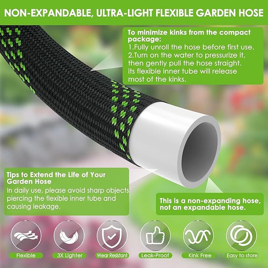 Non-Expandable Garden Hose 150 ft, Ultra Lightweight & Flexible Water Hose With 10-Pattern Spray Nozzle, Full Length Leak-Proof Design, High-Density Fabric & Shut-Off Valve, Hose Straps