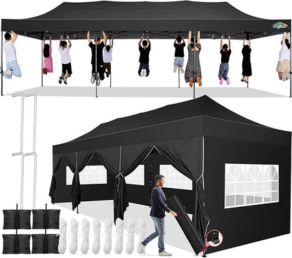COBIZI 10x30 Pop up Canopy Tent 10x30 Canopy with Sidewall Waterproof Heavy Duty Commercial for Parties Outdoor Garden Gazebo Tent, Carry Bag with Wheel(10x30ft with Sidewalls,Black)