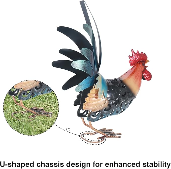 16.5" Metal Rooster Garden Statue, Handmade Morning Crowing Rooster Sculpture with Green Tail Feathers, Rust-Resistant Iron Art for Yard, Farmhouse, Kitchen & Outdoor Decor