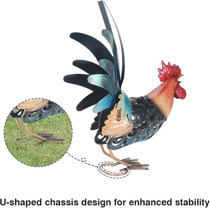16.5" Metal Rooster Garden Statue, Handmade Morning Crowing Rooster Sculpture with Green Tail Feathers, Rust-Resistant Iron Art for Yard, Farmhouse, Kitchen & Outdoor Decor