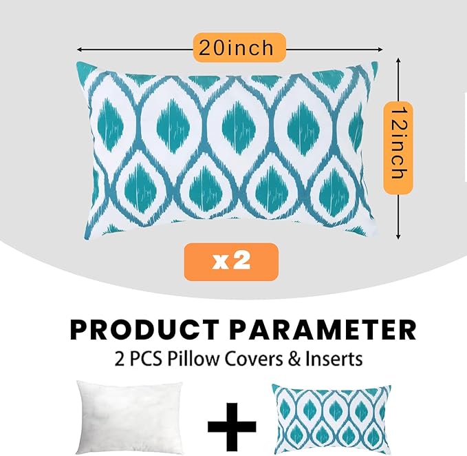 idee-home Outdoor Pillows with Inserts Included, Patio Outside Lumbar Pillows Waterproof Set of 2, 12 x 20 inch