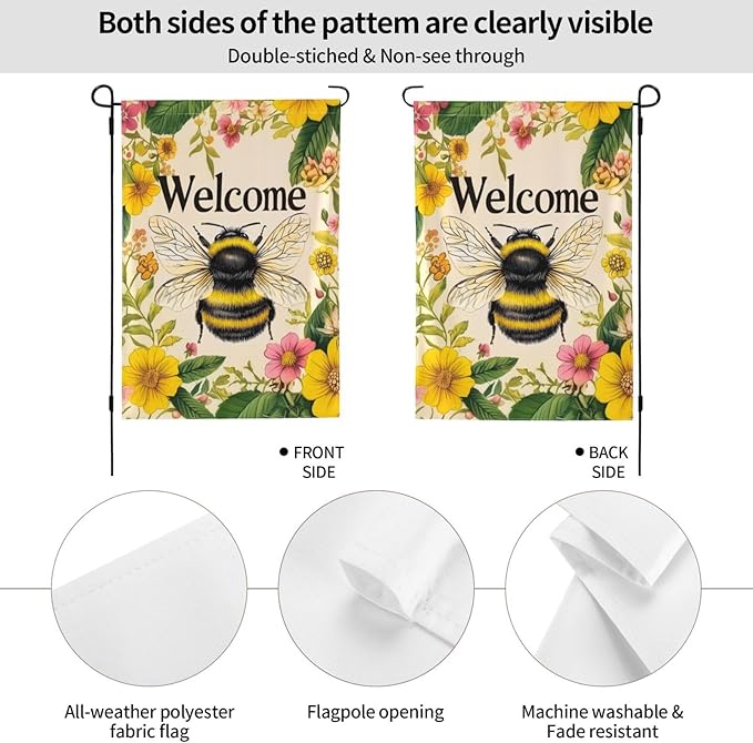 Bee Garden Flag Vertical Double Sided Outdoor Yard Flags 12.5x18 Inch Burlap Banners for House Lawn