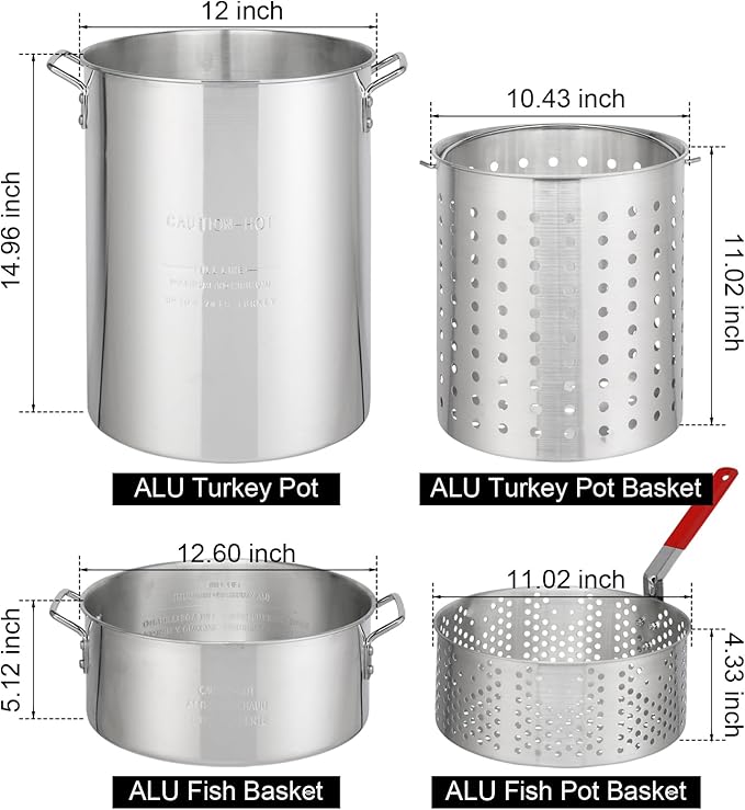 Turkey Fryer Pot with Basket and Burner, 54000-Btu Propane Fryers, include 30qt Deep Pot & 10qt Fish Fryer, Aluminum & Iron, Rapid Heating, Complete Outdoor Cooking Kit for Boiling and Frying, Silver