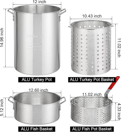 Turkey Fryer Pot with Basket and Burner, 54000-Btu Propane Fryers, include 30qt Deep Pot & 10qt Fish Fryer, Aluminum & Iron, Rapid Heating, Complete Outdoor Cooking Kit for Boiling and Frying, Silver