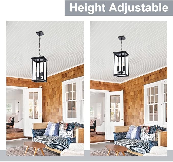 Black Outdoor Pendant Lanern, E12 Candle Chandelier 3-Lights Large Exterior Hanging Light Fixture with Clear Glass Height Adjustable for Indoor Entryway Porch