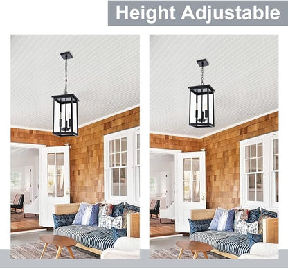 Black Outdoor Pendant Lanern, E12 Candle Chandelier 3-Lights Large Exterior Hanging Light Fixture with Clear Glass Height Adjustable for Indoor Entryway Porch