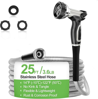 Garden Hose Metal 25 ft, Stainless Steel Water Hose with Upgrage Aluminum Nozzles, Flexible | Heavy Duty | Lightweight | No Kink | Anti-Bite Hose for Yard,RV Park, Outdoor Watering