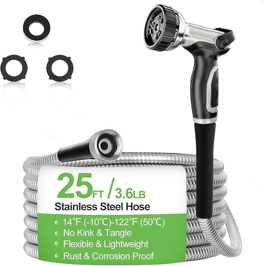 Garden Hose Metal 25 ft, Stainless Steel Water Hose with Upgrage Aluminum Nozzles, Flexible | Heavy Duty | Lightweight | No Kink | Anti-Bite Hose for Yard,RV Park, Outdoor Watering