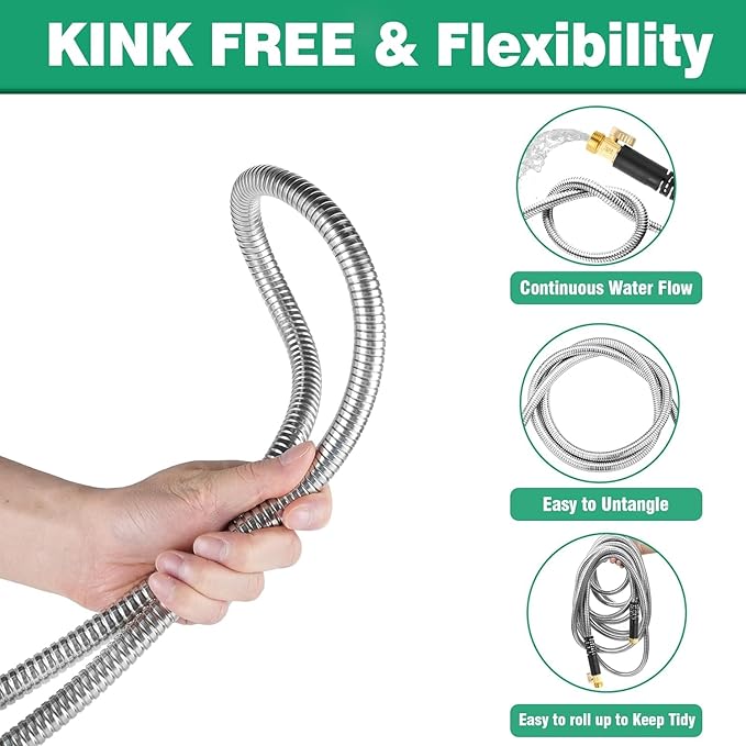 100Ft Metal Garden Hose durable stainless steel Water Hose, flexible, lightweight hose is resistant to kinks and tangles.With 10-way nozzle, strong 3/4” metal fittings, and a shut-off valve.