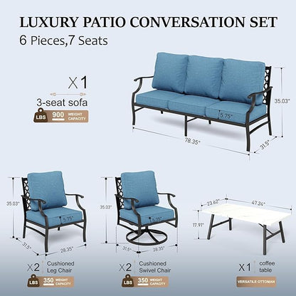 HERA'S HOUSE 6 Piece Patio Furniture Set, 2 x Swivel Chair, 2 x Fixed Chair, 1 x 3-Seat Sofa with Marbling Coffee Table, All Weather Outdoor Conversation Set for Lawn Garden Backyard, Navy Blue