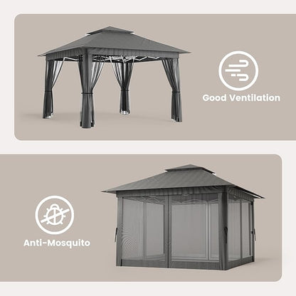 Bealife 11x11 Pop Up Gazebo Tent with Mosquito Netting, Outoor Canopy Tent with 4 Sandbags, 8 Stakes, 4 Ropes, Roller Bag, Pop Up Canopy Tent for Lawn Backyard Garden Deck, Grey