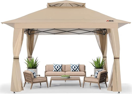 ABCCANOPY 13x13 Pop Up Gazebo, Outdoor Canopy Tent, Instant Screened Shelter with Mosquito Netting for Patio, Garden, Backyard, Party, Camping (Khaki)