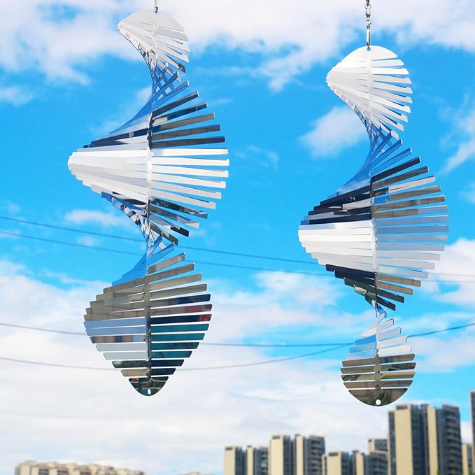 Hanging Wind Spinners,3D Spiral Highly Reflective Stainless Steel Metal Wind Spinner Outdoor Garden Decor,Decorations to Scare Away Yard Birds12in 2Pcs