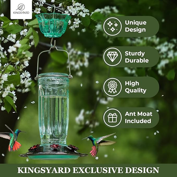 Kingsyard 2 Pack Glass Hummingbird Feeder for Outdoors, 16 Oz Wild Bird Feeder with 6 Feeding Ports Hanging for Garden Yard, Green (Ant Moat Included)