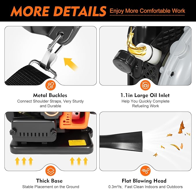 63CC Backpack Gas Powered Leaf Blower, Commercial 2.7kW 850CFM 4.3HP 2-Stroke Powerful Lightweight Gasoline Grass Lawn Blower with Harness Air-Cooled & 1.8L Fuel Tank for Yard Lawn Care, Snow Removal